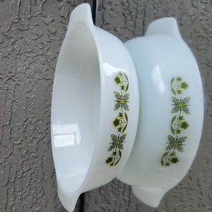 Vintage Casserole Dish Green Meadow Round Milk Glass Floral Kitschy